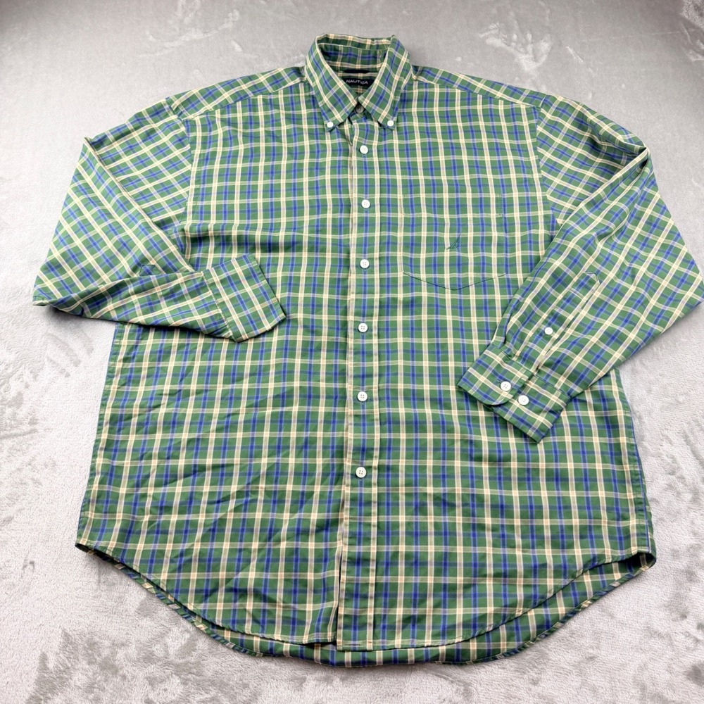VINTAGE 90s Nautica Men's Large Green Blue Plaid Long Sleeve Button Down Shirt